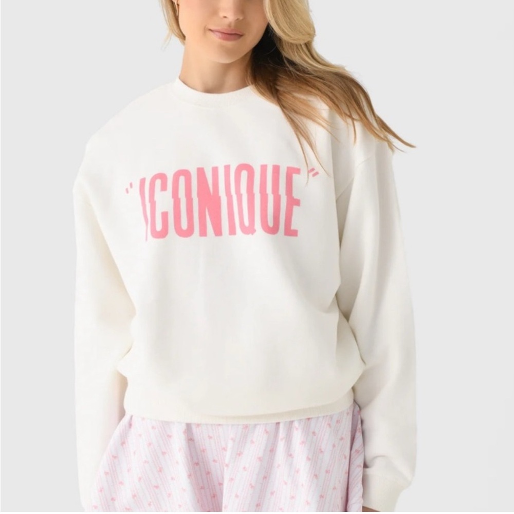 Clare V Iconique Crewneck Sweatshirt - small, White with Pink